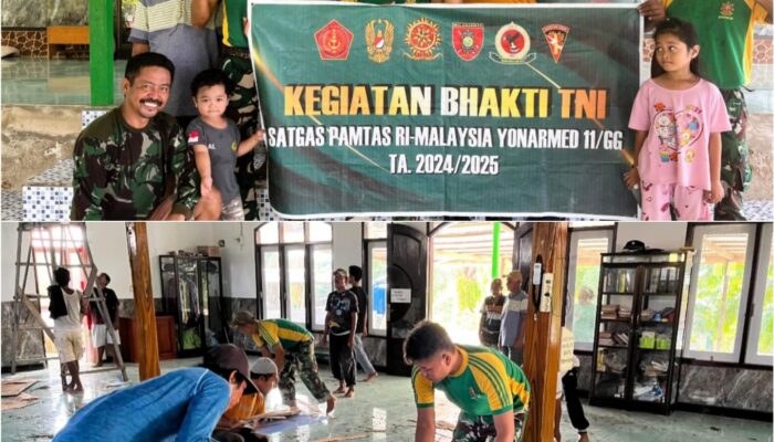 Satgas Pamtas dan Warga Tabur Lestari Bersatu Perbaiki Masjid Baitul Rohman”